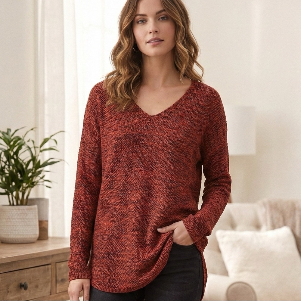 H&M Orange Black V-Neck Tunic Marled Pattern Sweater. Size Small.